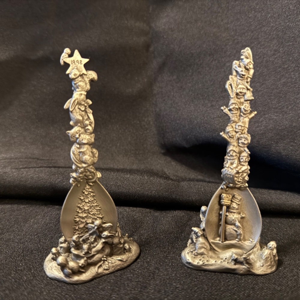 Set of 2 Fort Pewter Christmas spoons with Pewter stands